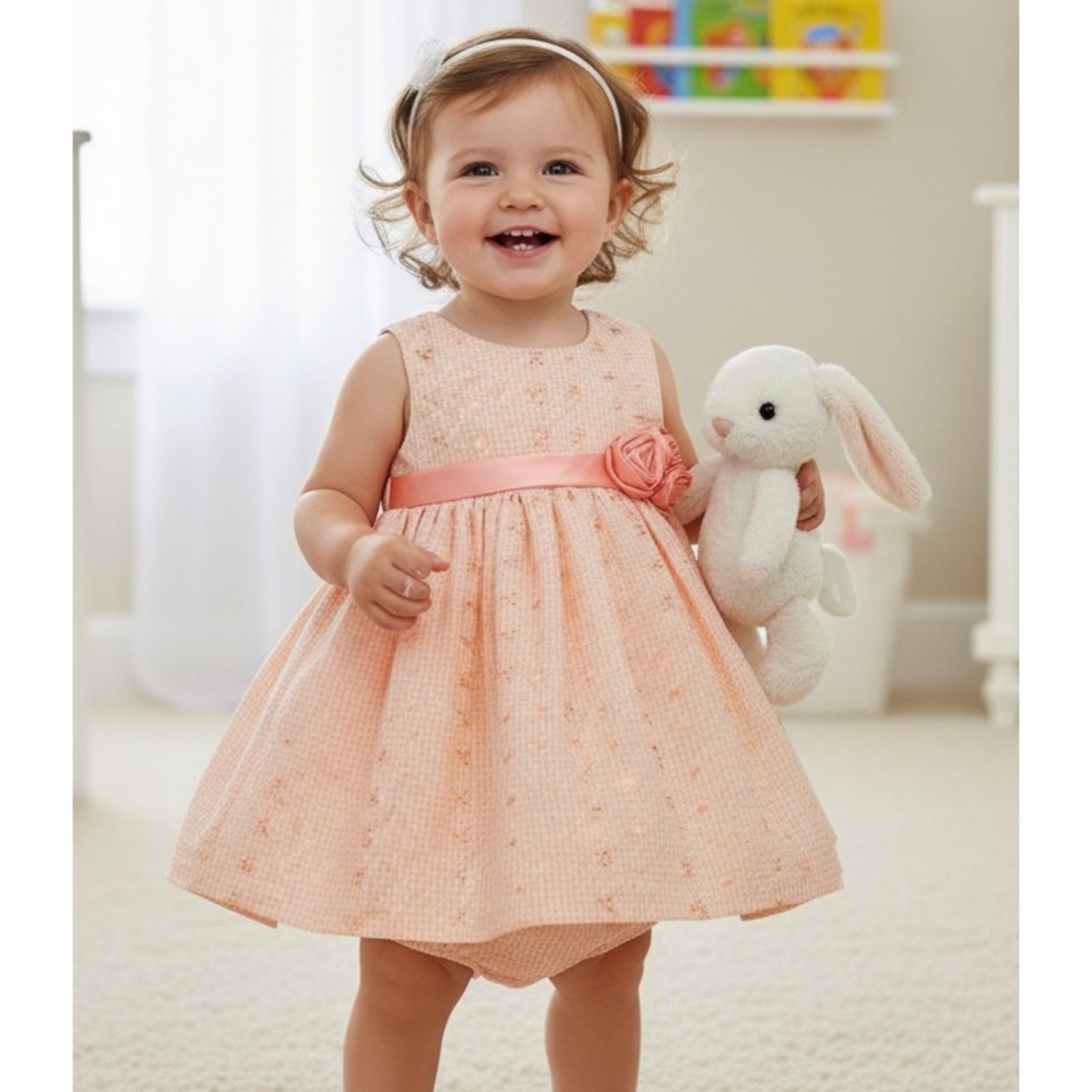 Jessica Ann Peach Eyelet dress plus bloomers Size 18M